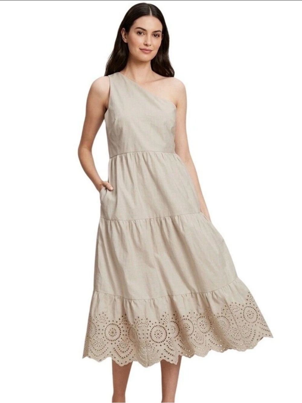 GAP One-Shoulder Tiered Maxi Dress in Light Beige